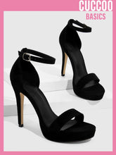 CUCCOO Basic Women Single Band Stiletto Heeled Sandals, Elegant Black Faux Suede Ankle Strap Sandals